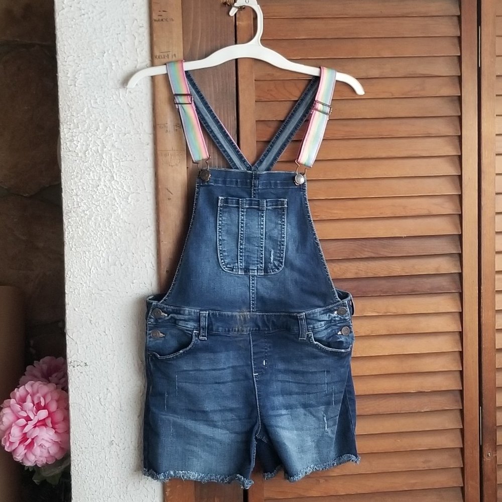 Justice jeans distressed shortalls with rainbow straps size 20